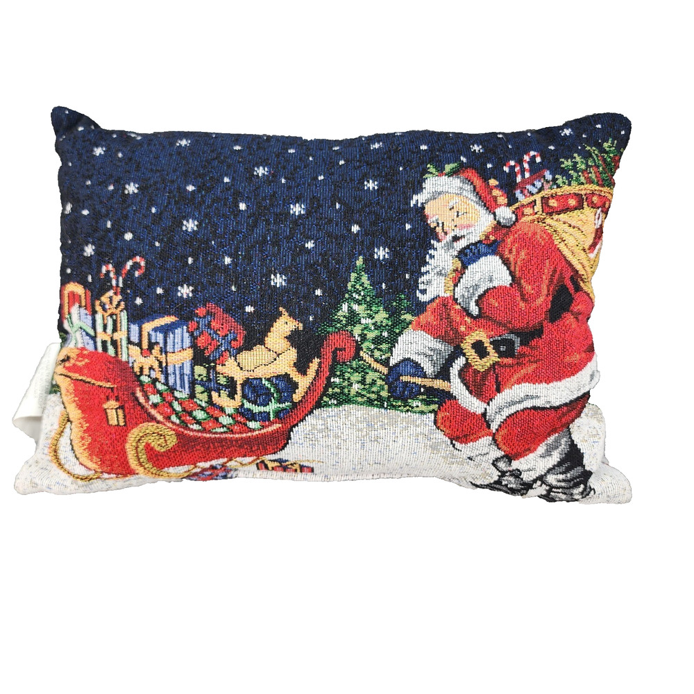 Christmas Tapestry Throw Pillow 16"x12" Blue Santa Sleigh Presents Ornaments Hol